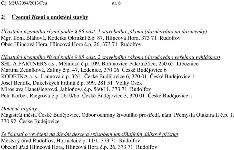 s., Lannova č.p. 32/1, České Budějovice 6, 370 01 České Budějovice 1 Josef Bendík, Dukelských hrdinů č.p. 599, 281 51 Velký Osek Miroslava Hanetšlegrová, Jabloňová č.p. 560/11, 373 71 Rudolfov Petr Korbel, Riegrova č.