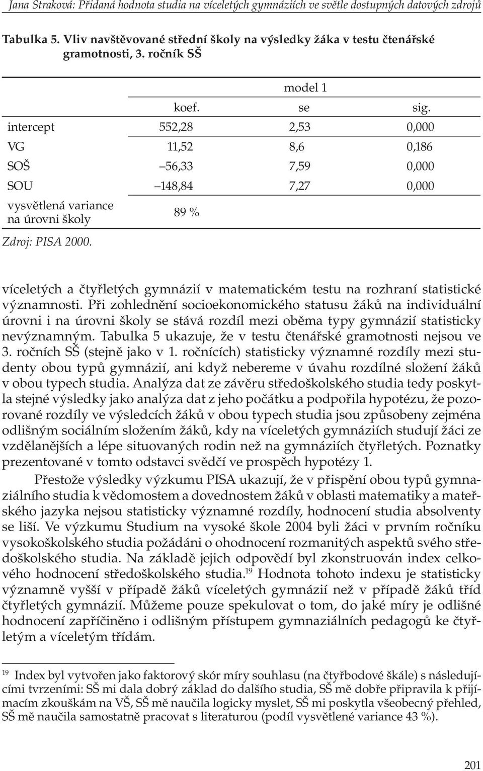 víceletých a čtyřletých gymnázií v matematickém testu na rozhraní statistické významnosti.