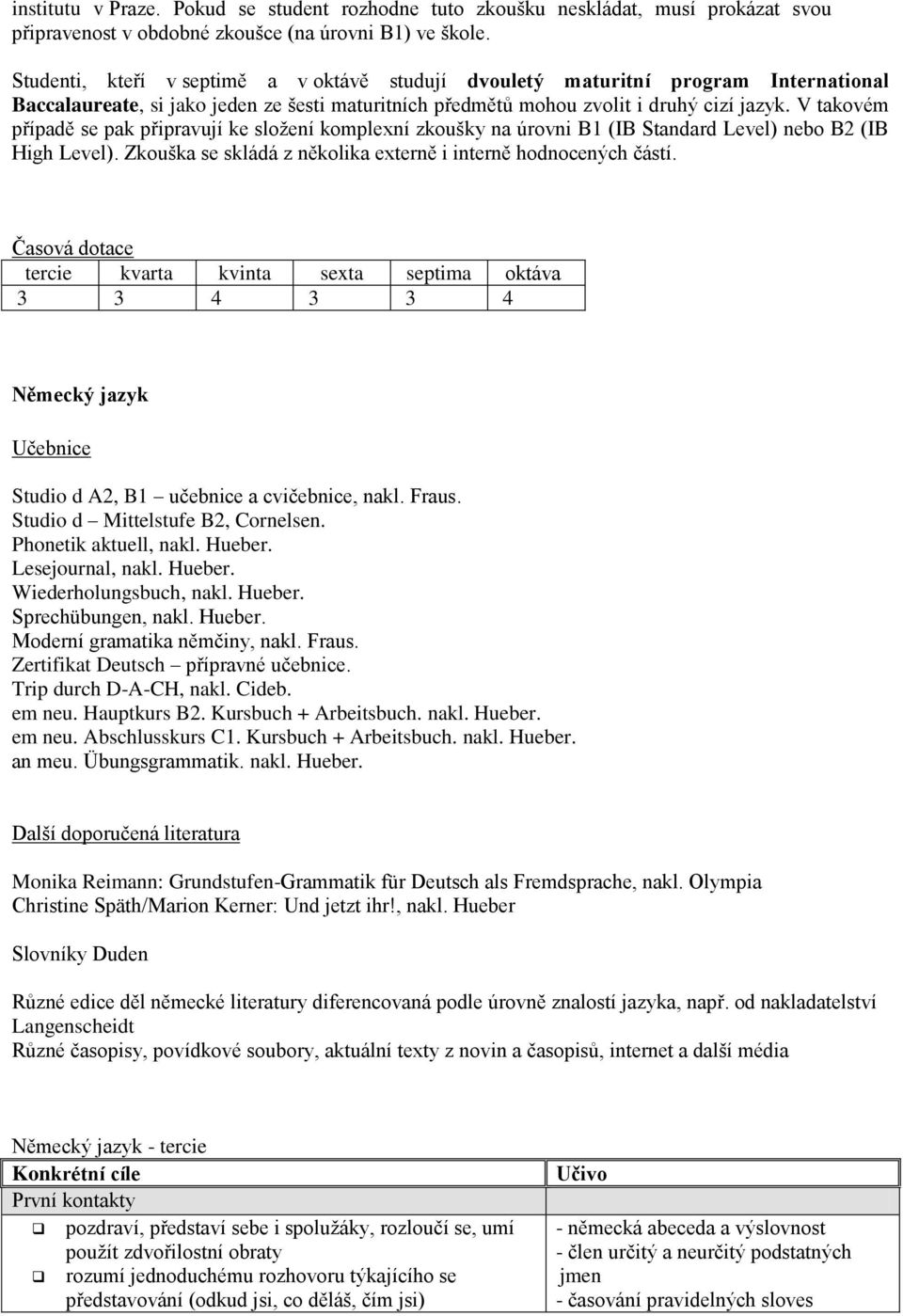 V takovém případě se pak připravují ke složení komplexní zkoušky na úrovni B1 (IB Standard Level) nebo B2 (IB High Level). Zkouška se skládá z několika externě i interně hodnocených částí.