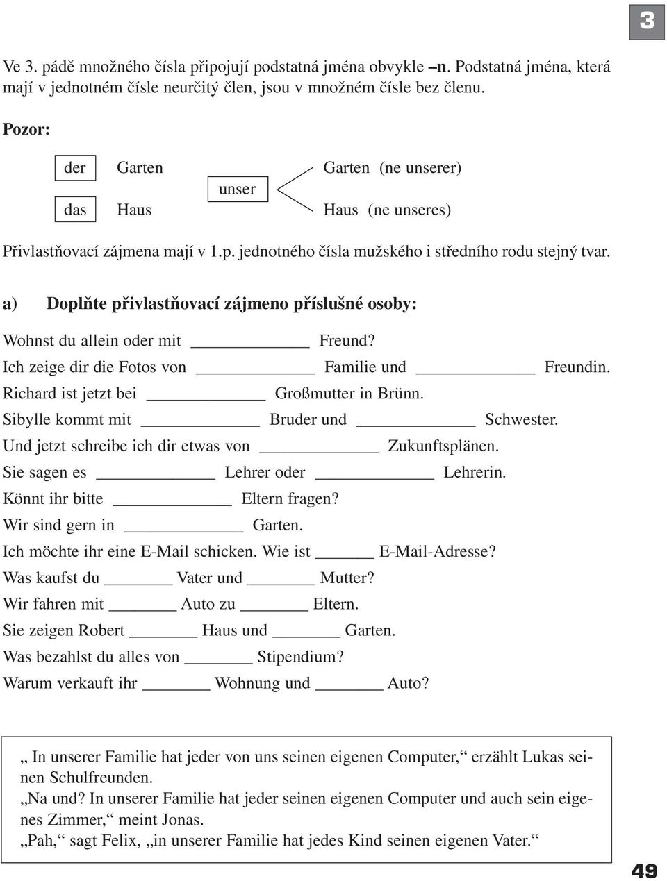 a) Doplňte přivlastňovací zájmeno příslušné osoby: Wohnst du allein oder mit Freund? Ich zeige dir die Fotos von Familie und Freundin. Richard ist jetzt bei Großmutter in Brünn.