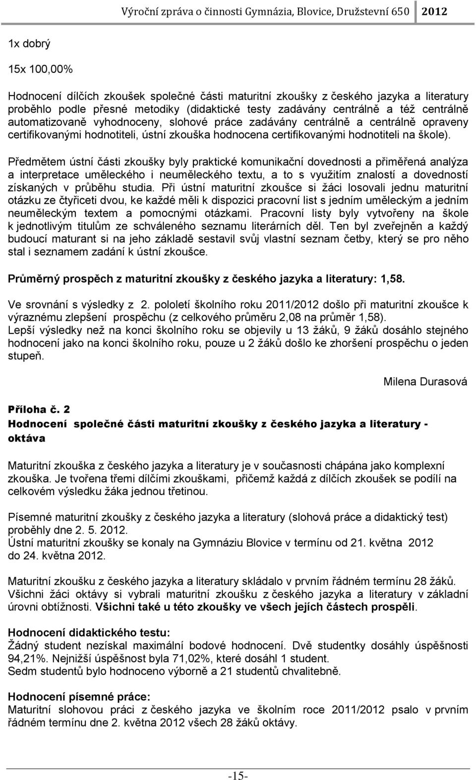 Předmětem ústní části zkoušky byly praktické komunikační dovednosti a přiměřená analýza a interpretace uměleckého i neuměleckého textu, a to s využitím znalostí a dovedností získaných v průběhu