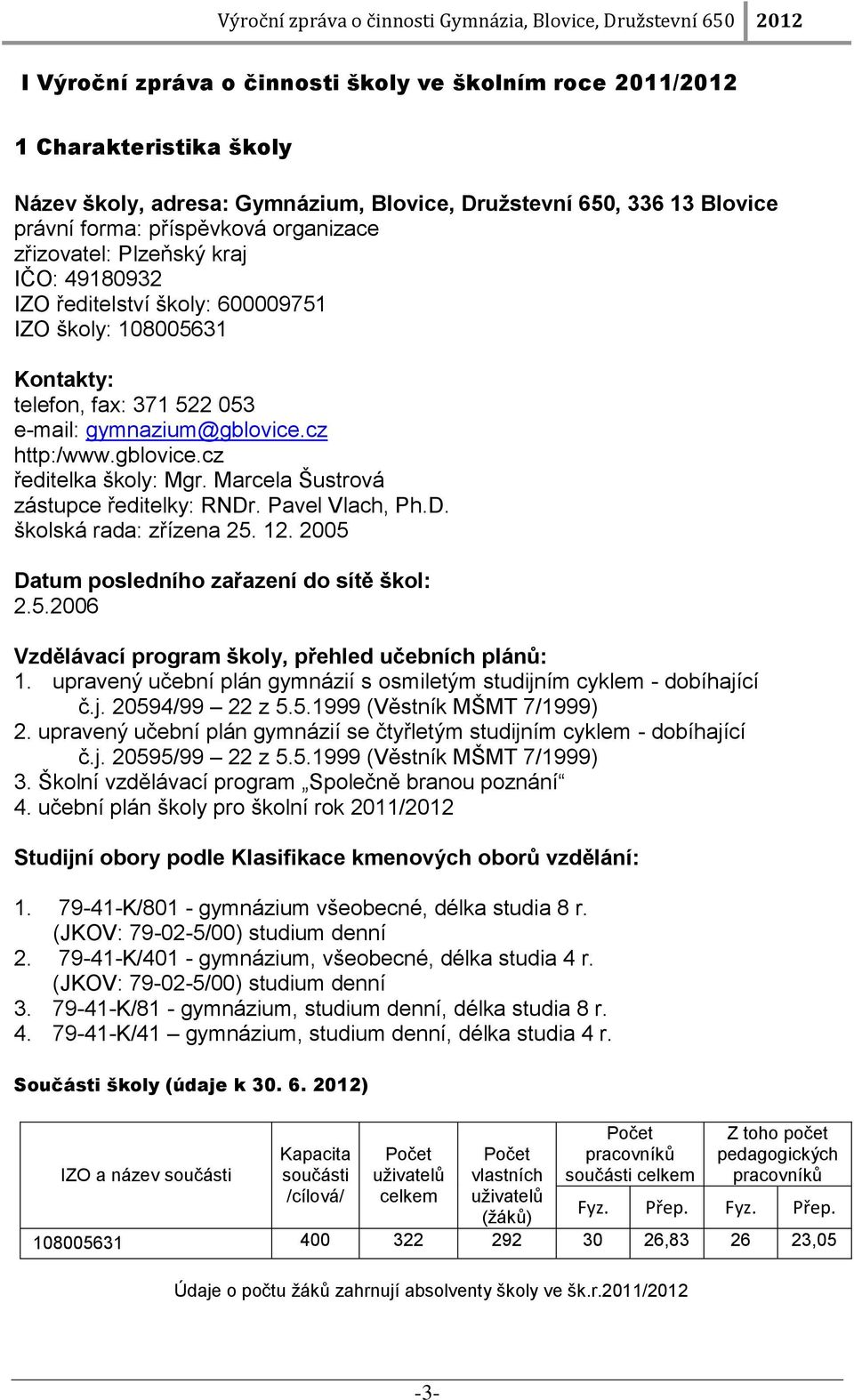 Marcela Šustrová zástupce ředitelky: RNDr. Pavel Vlach, Ph.D. školská rada: zřízena 25. 12. 2005 Datum posledního zařazení do sítě škol: 2.5.2006 Vzdělávací program školy, přehled učebních plánů: 1.