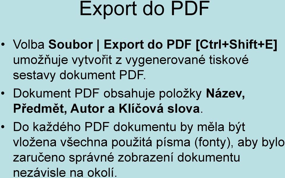 Dokument PDF obsahuje položky Název, Předmět, Autor a Klíčová slova.