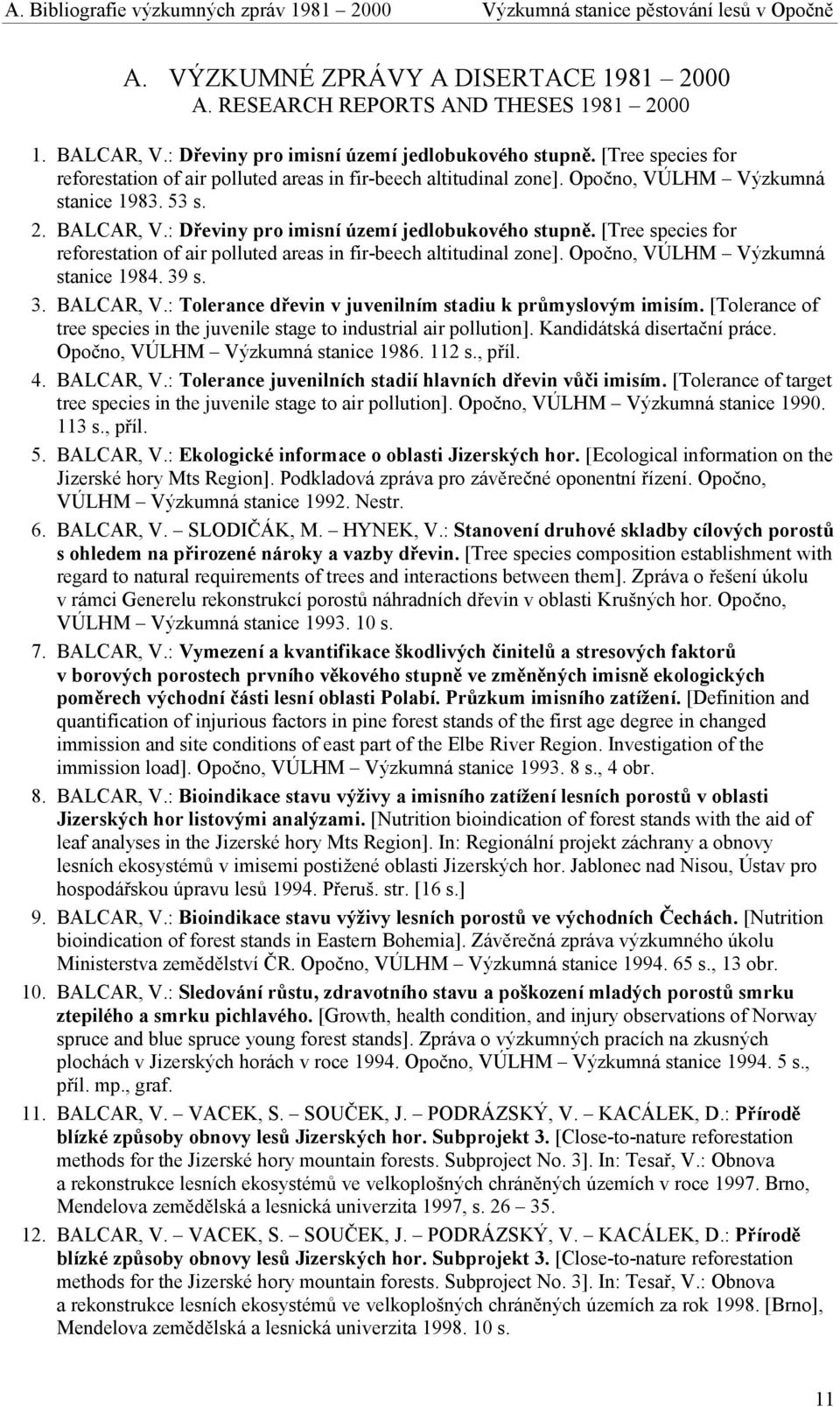 : Dřeviny pro imisní území jedlobukového stupně. [Tree species for reforestation of air polluted areas in fir-beech altitudinal zone]. Opočno, VÚLHM Výzkumná stanice 1984. 39 s. 3. BALCAR, V.