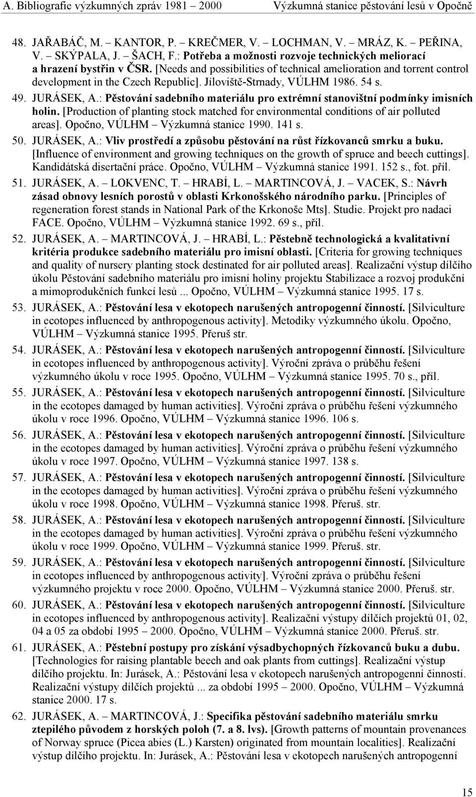 Jíloviště-Strnady, VÚLHM 1986. 54 s. 49. JURÁSEK, A.: Pěstování sadebního materiálu pro extrémní stanovištní podmínky imisních holin.