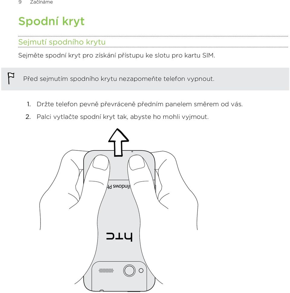 Před sejmutím spodního krytu nezapomeňte telefon vypnout. 1.