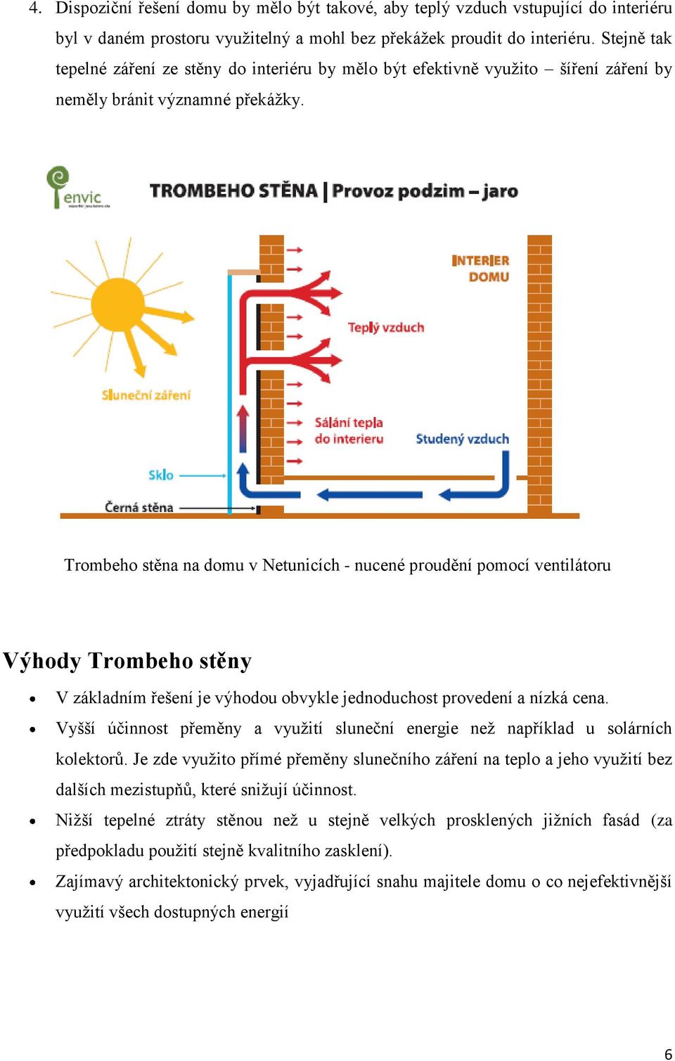 Trombeho stěna na domu v Netunicích - nucené proudění pomocí ventilátoru Výhody Trombeho stěny V základním řešení je výhodou obvykle jednoduchost provedení a nízká cena.