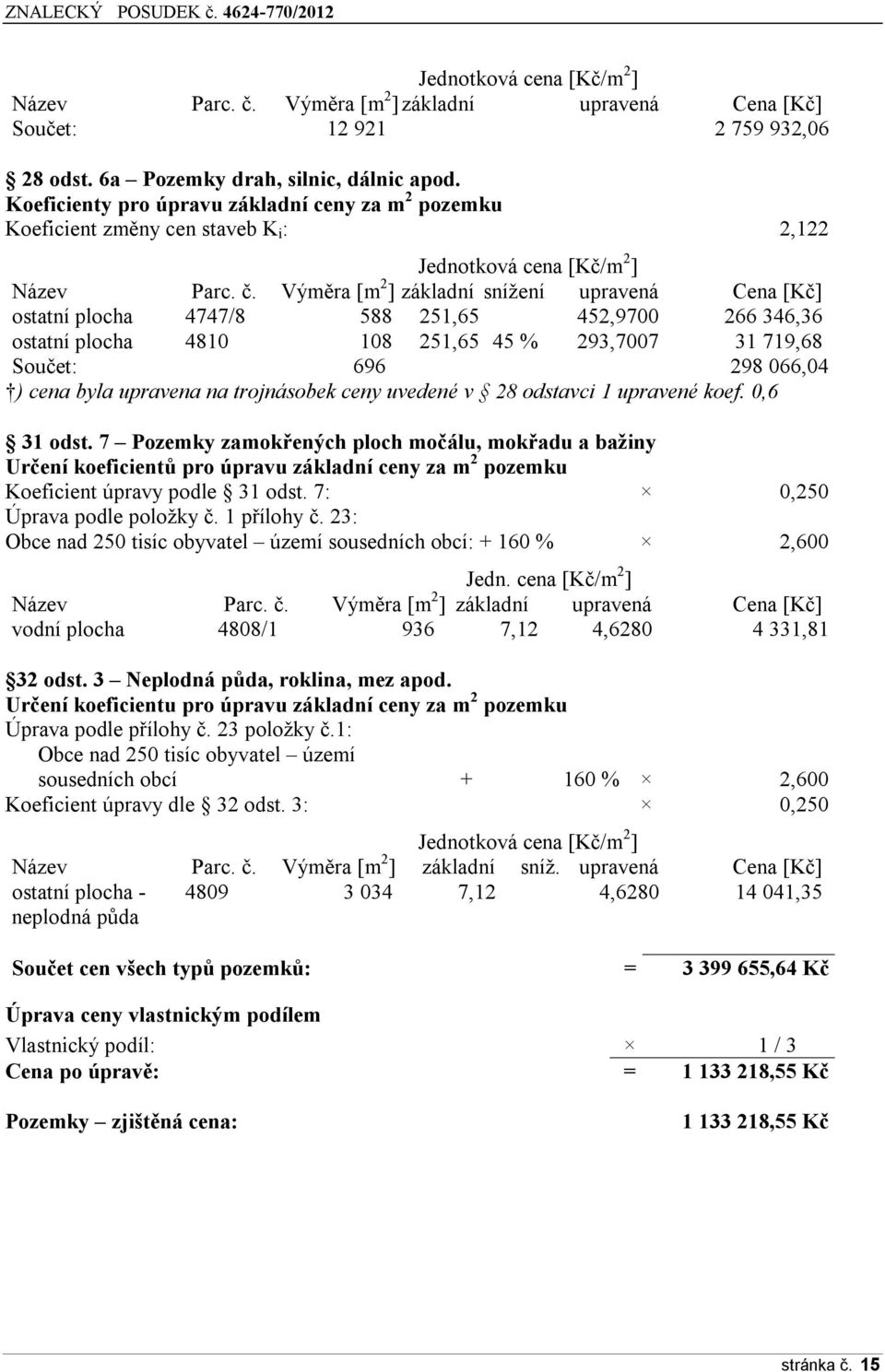 Výměra [m 2 ] základní snížení upravená Cena [Kč] ostatní plocha 4747/8 588 251,65 452,9700 266 346,36 ostatní plocha 4810 108 251,65 45 % 293,7007 31 719,68 Součet: 696 298 066,04 ) cena byla