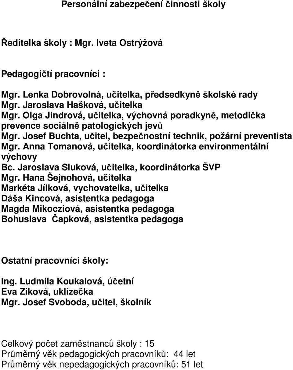 Anna Tomanová, učitelka, koordinátorka environmentální výchovy Bc. Jaroslava Sluková, učitelka, koordinátorka ŠVP Mgr.