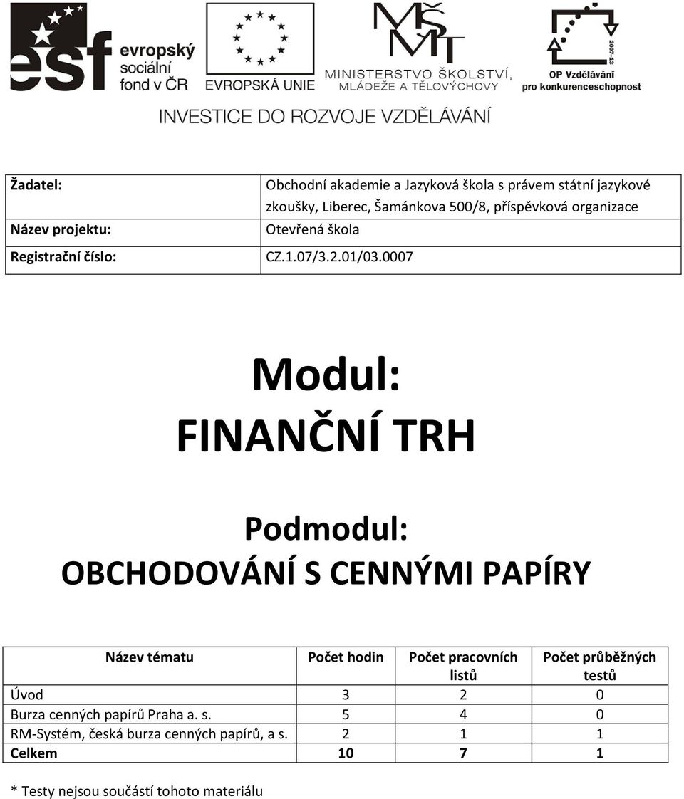 0007 Modul: FINANČNÍ TRH Podmodul: OBCHODOVÁNÍ S CENNÝMI PAPÍRY Název tématu Počet hodin Počet pracovních listů Počet