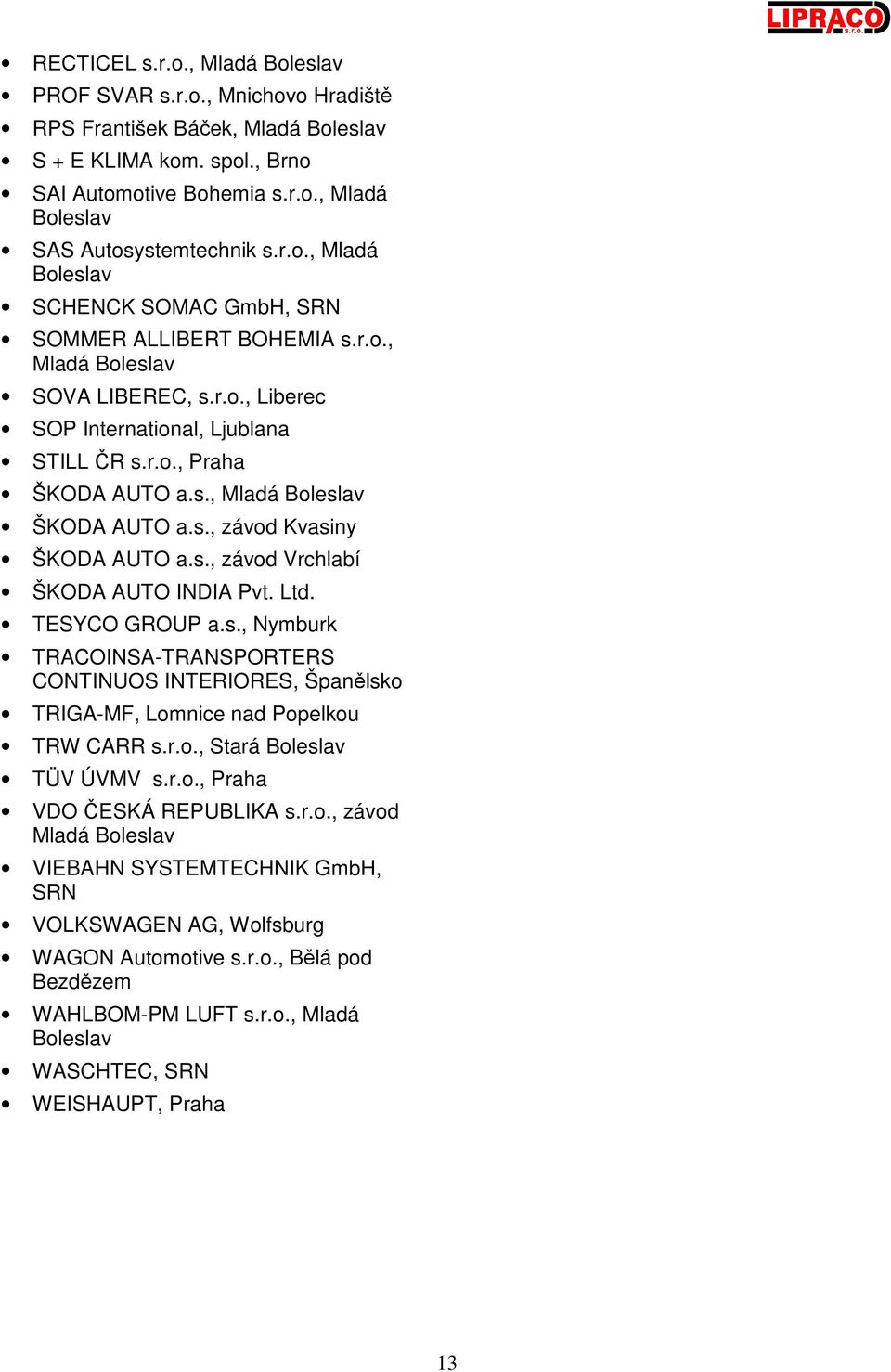 s., závod Kvasiny ŠKODA AUTO a.s., závod Vrchlabí ŠKODA AUTO INDIA Pvt. Ltd. TESYCO GROUP a.s., Nymburk TRACOINSA-TRANSPORTERS CONTINUOS INTERIORES, Španělsko TRIGA-MF, Lomnice nad Popelkou TRW CARR s.