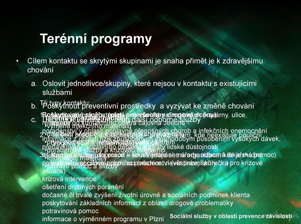 Doporučit Terénní Nezávislá programy práce služby v uţivatelům nabízejí terénu (platí pro nezávislá všechny na drogové institucích scény) (kavárny, ulice, reference drog další odborné sluţby výměnu