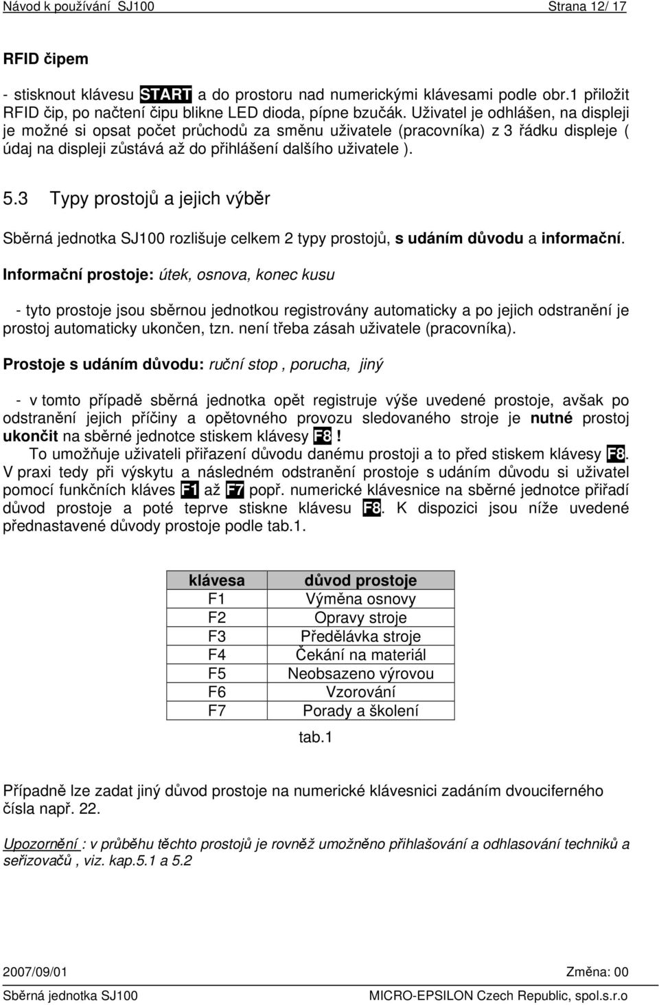 3 Typy prostojů a jejich výběr rozlišuje celkem 2 typy prostojů, s udáním důvodu a informační.