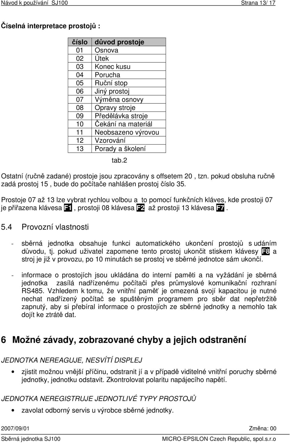 pokud obsluha ručně zadá prostoj 15, bude do počítače nahlášen prostoj číslo 35.