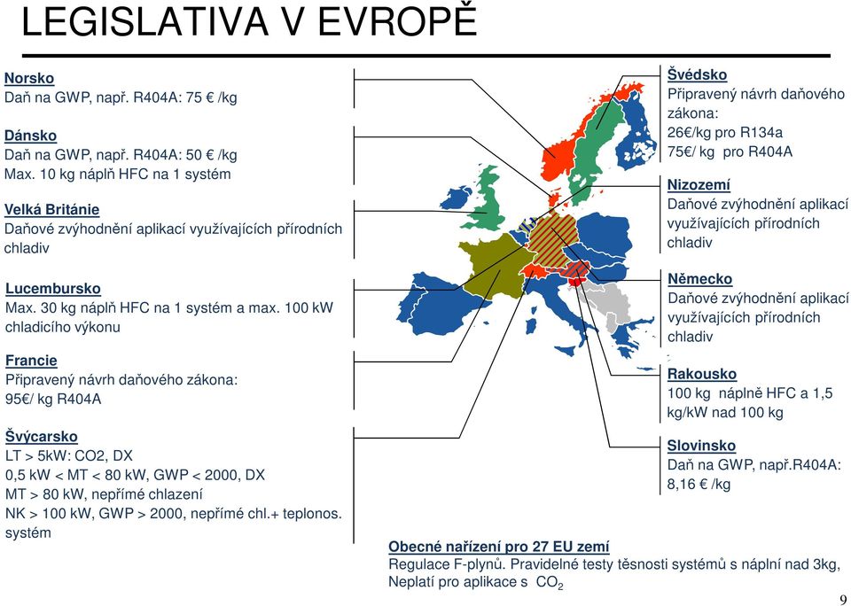 100 kw chladicího výkonu Francie Připravený návrh daňového zákona: 95 / kg R404A Švýcarsko LT > 5kW: CO2, DX 0,5 kw < MT < 80 kw, GWP < 2000, DX MT > 80 kw, nepřímé chlazení NK > 100 kw, GWP > 2000,