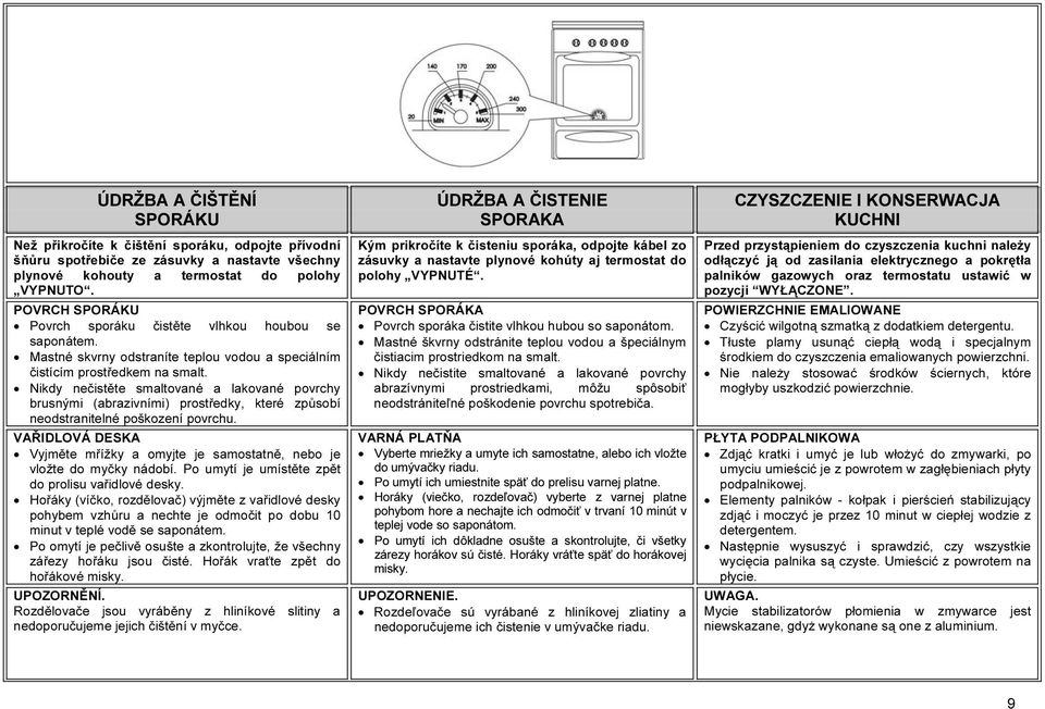 Nikdy nečistěte smaltované a lakované povrchy brusnými (abrazivními) prostředky, které způsobí neodstranitelné poškození povrchu.