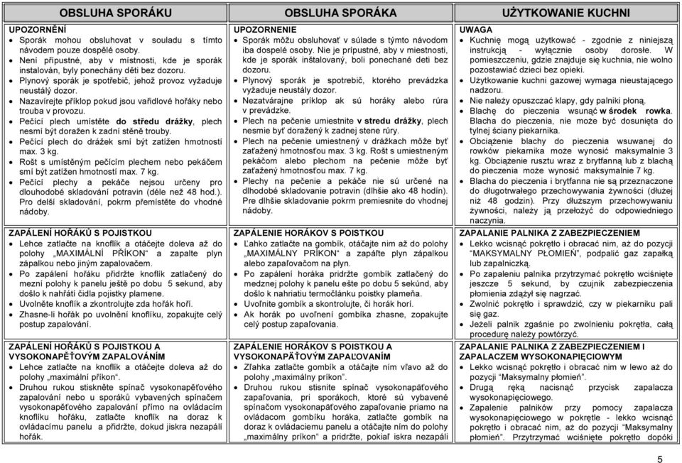 Nazavírejte příklop pokud jsou vařidlové hořáky nebo trouba v provozu. Pečící plech umístěte do středu drážky, plech nesmí být doražen k zadní stěně trouby.