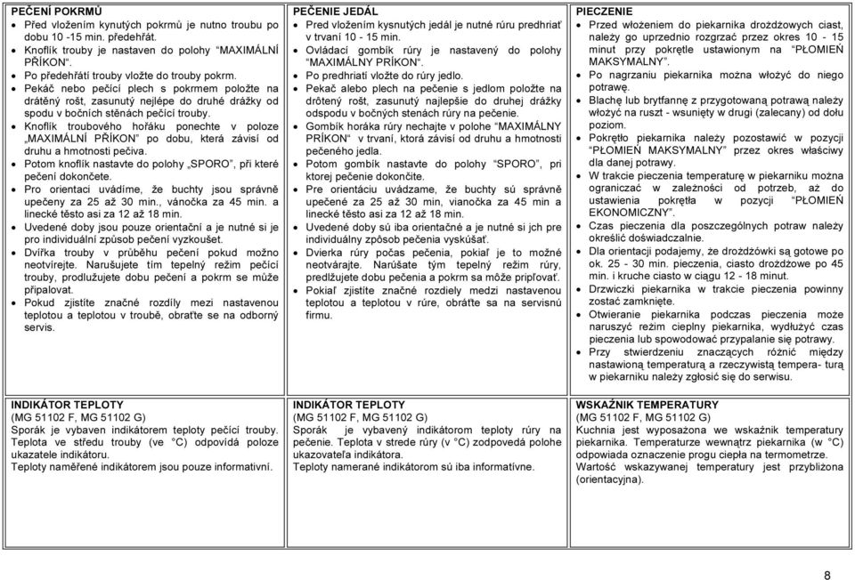 Knoflík troubového hořáku ponechte v poloze MAXIMÁLNÍ PŘÍKON po dobu, která závisí od druhu a hmotnosti pečiva. Potom knoflík nastavte do polohy SPORO, při které pečení dokončete.