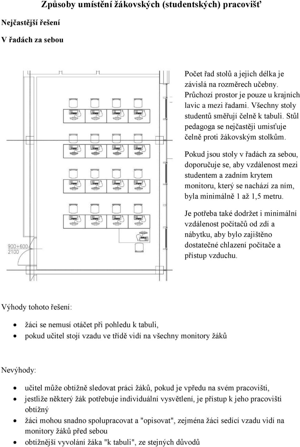 Pokud jsou stoly v řadách za sebou, doporučuje se, aby vzdálenost mezi studentem a zadním krytem monitoru, který se nachází za ním, byla minimálně 1 až 1,5 metru.