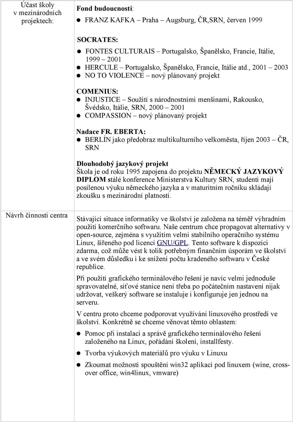 , 2001 2003 NO TO VIOLENCE nový plánovaný projekt COMENIUS: INJUSTICE Soužití s národnostními menšinami, Rakousko, Švédsko, Itálie, SRN, 2000 2001 COMPASSION nový plánovaný projekt Nadace FR.