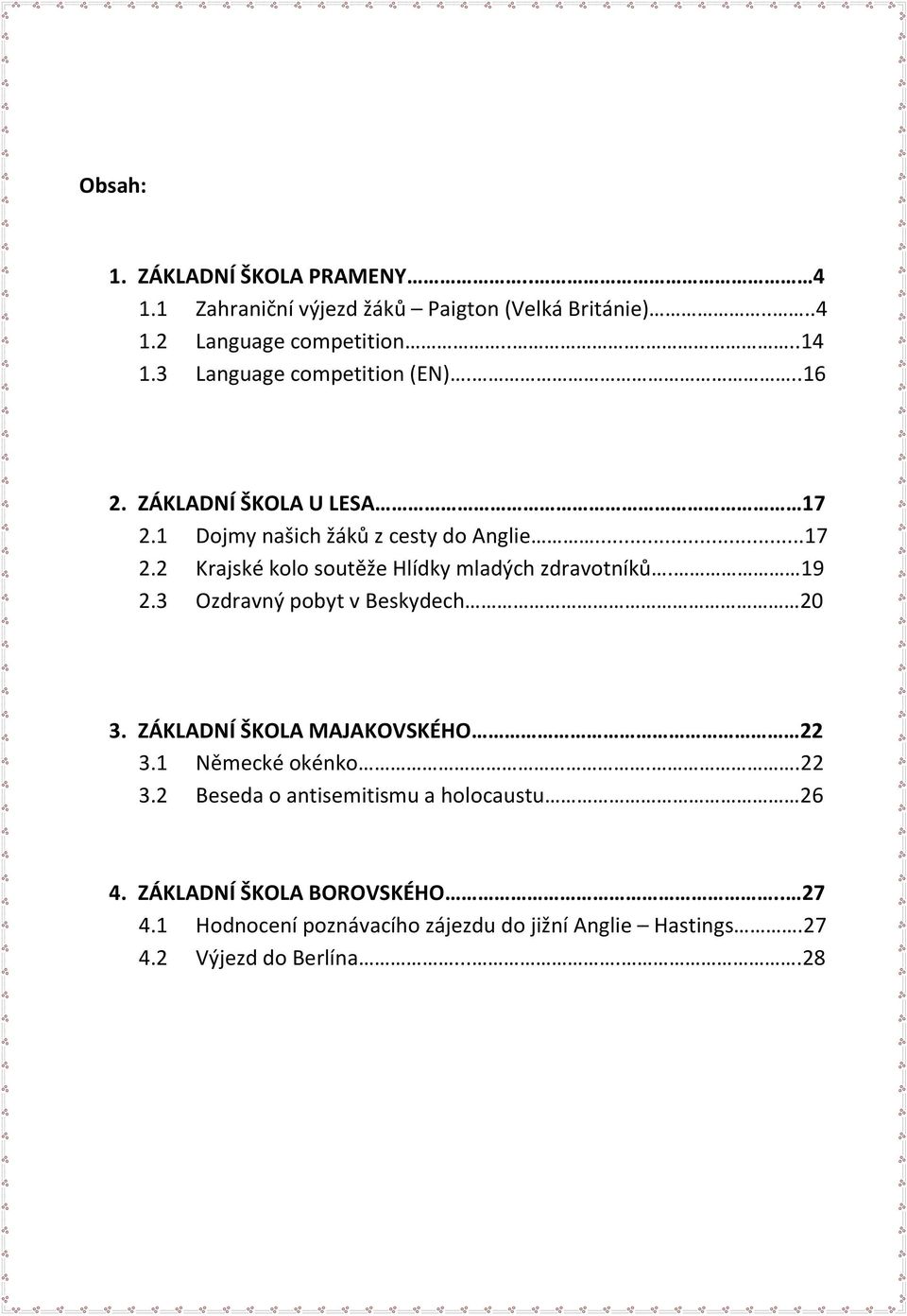 19 2.3 Ozdravný pobyt v Beskydech 20 3. ZÁKLADNÍ ŠKOLA MAJAKOVSKÉHO 22 3.1 Německé okénko..22 3.2 Beseda o antisemitismu a holocaustu 26 4.