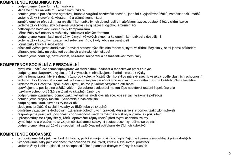 cizím jazyce - vedeme ţáky k tomu, aby otevřeně vyjadřovali svůj názor s logickou argumentací - potlačujeme hádavost, učíme ţáky kompromisům - učíme ţáky své názory a myšlenky publikovat různými