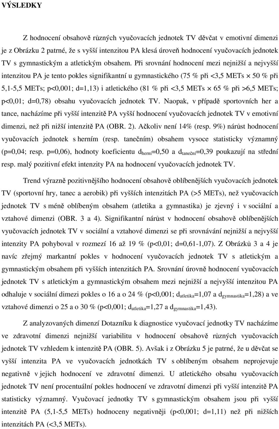 Při srovnání hodnocení mezi nejnižší a nejvyšší intenzitou PA je tento pokles signifikantní u gymnastického (75 % při <3,5 METs 50 % při 5,1-5,5 METs; p<0,001; d=1,13) i atletického (81 % při <3,5