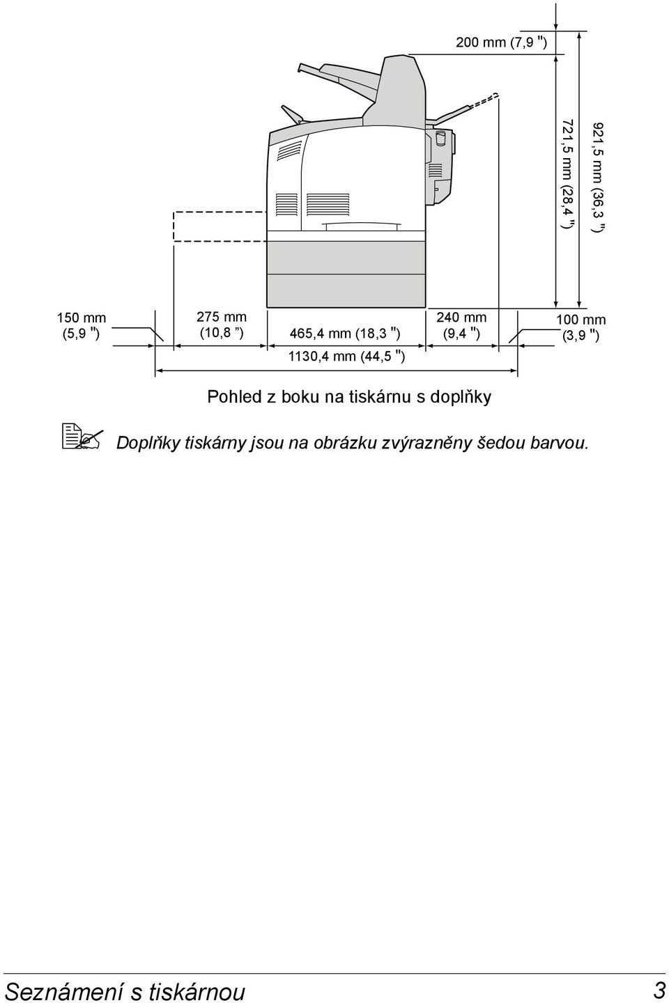 100 mm (3,9 ") Pohled z boku na tiskárnu s doplňky Doplňky