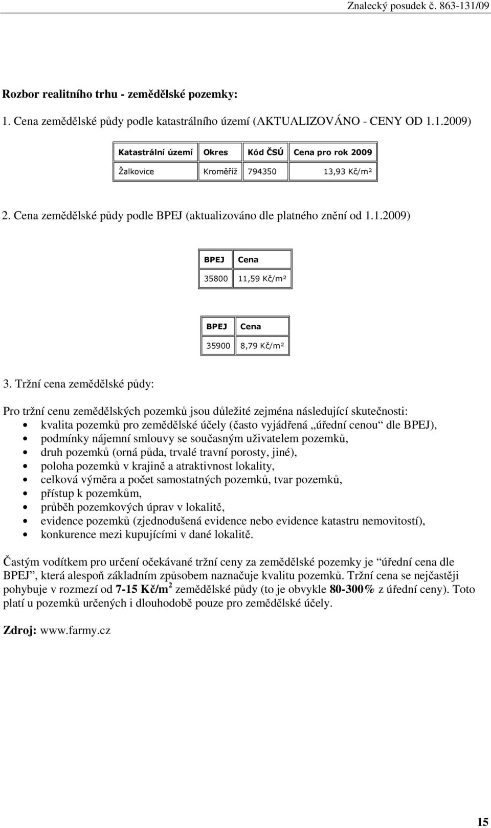 Tržní cena zemědělské půdy: Pro tržní cenu zemědělských pozemků jsou důležité zejména následující skutečnosti: kvalita pozemků pro zemědělské účely (často vyjádřená úřední cenou dle BPEJ), podmínky