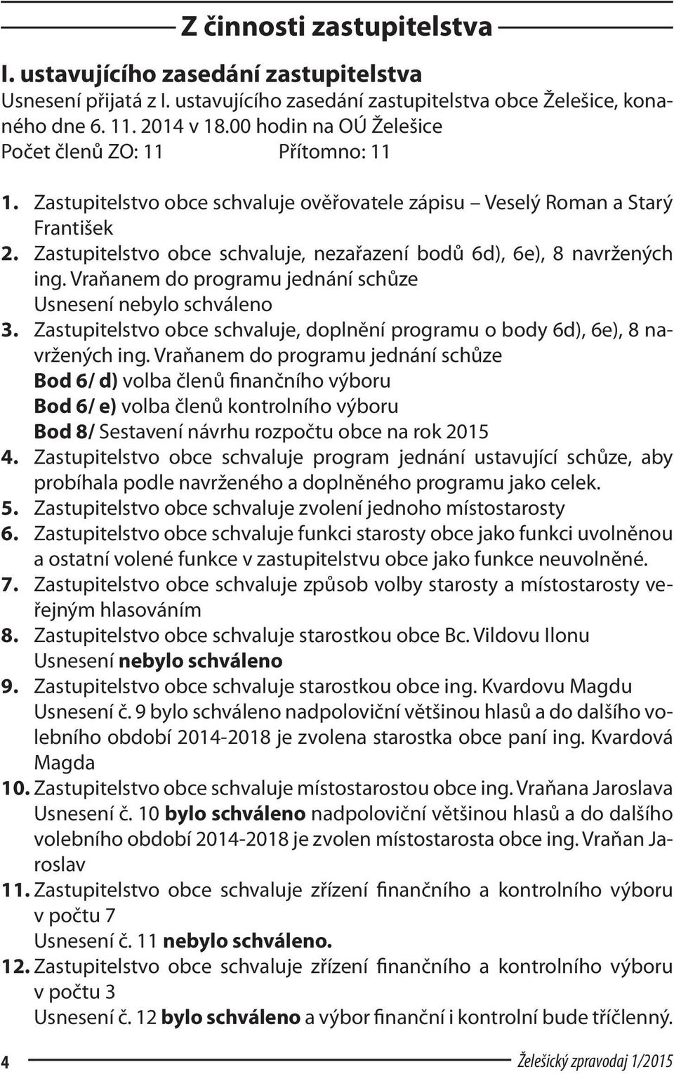 Zastupitelstvo obce schvaluje, nezařazení bodů 6d), 6e), 8 navržených ing. Vraňanem do programu jednání schůze Usnesení nebylo schváleno 3.