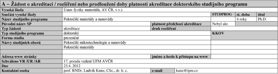 Typ žádosti akreditace druh rozšíření Typ studijního programu doktorský KKOV Forma studia prezenční Názvy studijních oborů Pokročilé mikrotechnologie a nanovědy Pokročilé