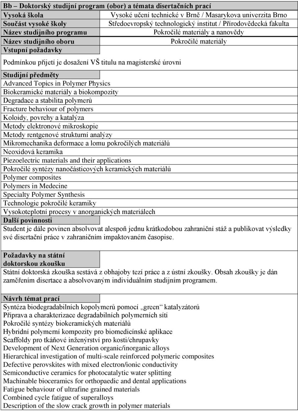 úrovni Studijní předměty Advanced Topics in Polymer Physics Biokeramické materiály a biokompozity Degradace a stabilita polymerů Fracture behaviour of polymers Koloidy, povrchy a katalýza Metody