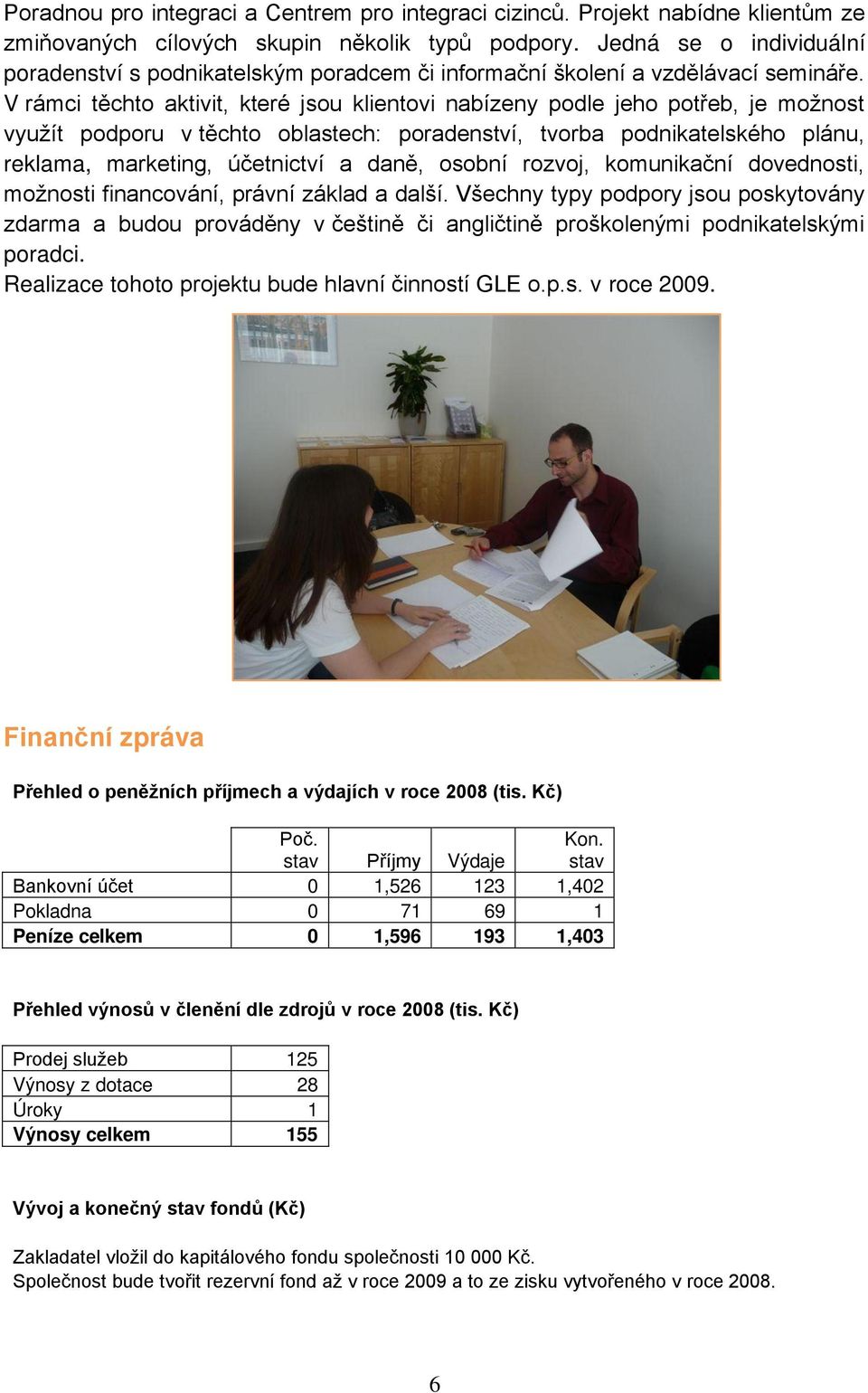 V rámci těchto aktivit, které jsou klientovi nabízeny podle jeho potřeb, je možnost využít podporu v těchto oblastech: poradenství, tvorba podnikatelského plánu, reklama, marketing, účetnictví a