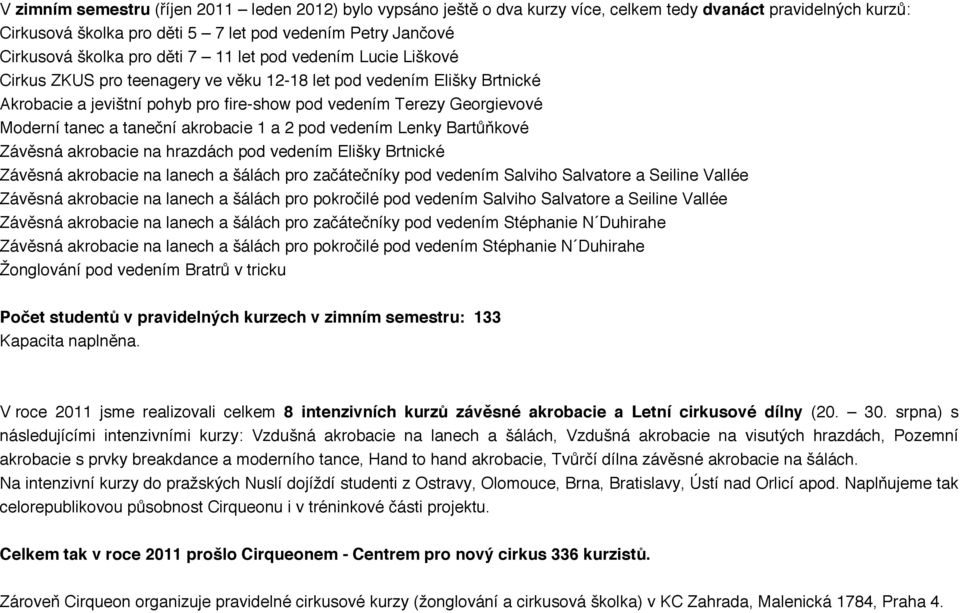 taneční akrobacie 1 a 2 pod vedením Lenky Bartůňkové Závěsná akrobacie na hrazdách pod vedením Elišky Brtnické Závěsná akrobacie na lanech a šálách pro začátečníky pod vedením Salviho Salvatore a