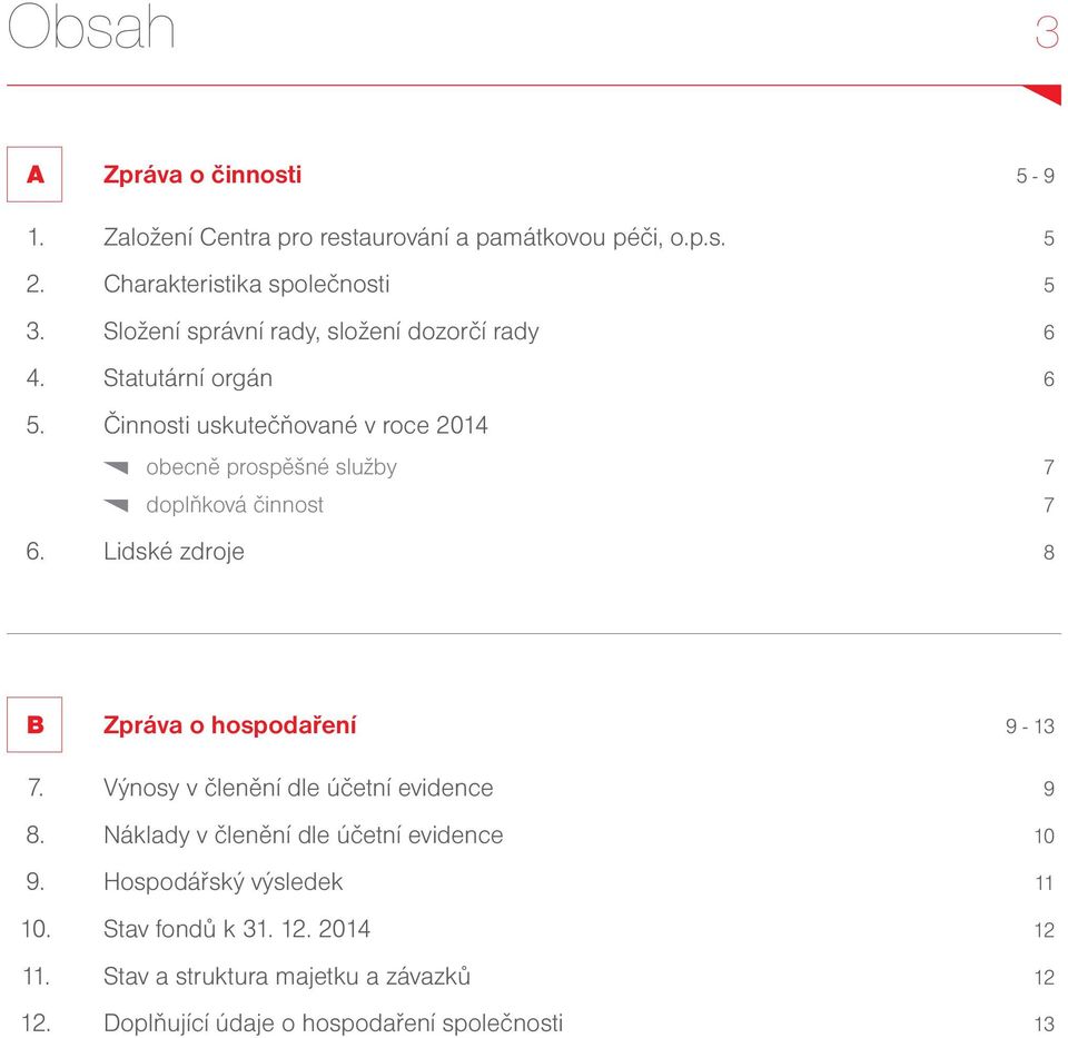 Činnosti uskutečňované v roce 2014 obecně prospěšné služby 7 doplňková činnost 7 6. Lidské zdroje 8 B Zpráva o hospodaření 9-13 7.