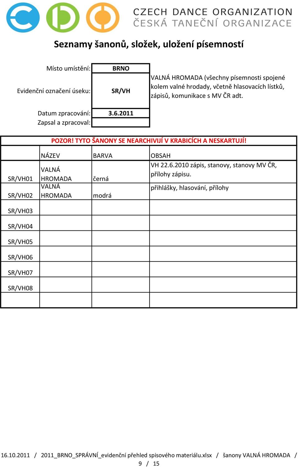 SR/VH01 SR/VH02 NÁZEV BARVA OBSAH VH 22.6.2010 zápis, stanovy, stanovy MV ČR, VALNÁ přílohy zápisu.