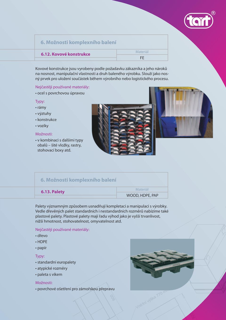 ocel s povrchovou úpravou rámy výztuhy konstrukce vozíky v kombinaci s dalšími typy obalů šité vložky, rastry, stohovací boxy atd. 6. Možnosti 6.3.