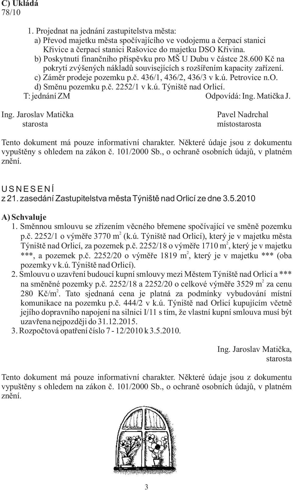 Petrovice n.o. d) Smìnu pozemku p.è. 2252/1 v k.ú. Týništì nad Orlicí. T: jednání ZM Odpovídá: Ing.