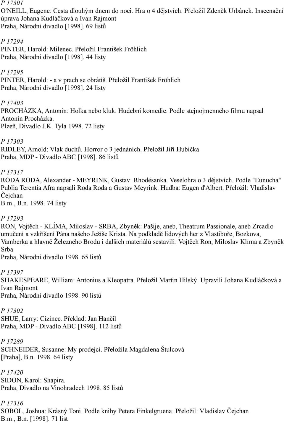 Přeložil František Fröhlich Praha, Národní divadlo [1998]. 24 listy P 17403 PROCHÁZKA, Antonín: Holka nebo kluk. Hudební komedie. Podle stejnojmenného filmu napsal Antonín Procházka. Plzeň, Divadlo J.