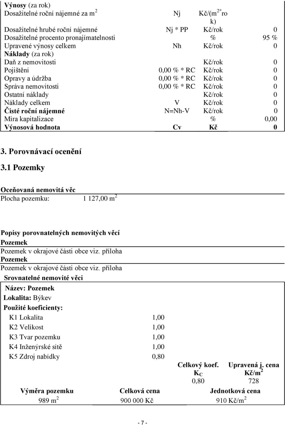 Kč/rok 0 Čisté roční nájemné N=Nh-V Kč/rok 0 Míra kapitalizace % 0,00 Výnosová hodnota Cv Kč 0 3. Porovnávací ocenění 3.