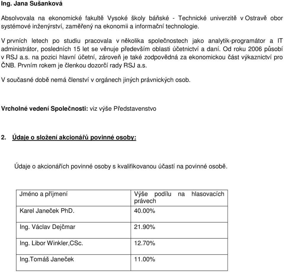 Od roku 2006 působí v RSJ a.s. na pozici hlavní účetní, zároveň je také zodpovědná za ekonomickou část výkaznictví pro ČNB. Prvním rokem je členkou dozorčí rady RSJ a.s. V současné době nemá členství v orgánech jiných právnických osob.