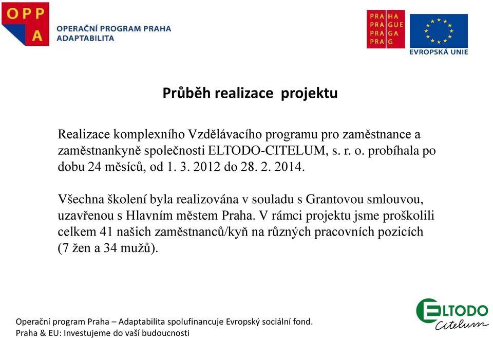 Všechna školení byla realizována v souladu s Grantovou smlouvou, uzavřenou s Hlavním městem Praha.