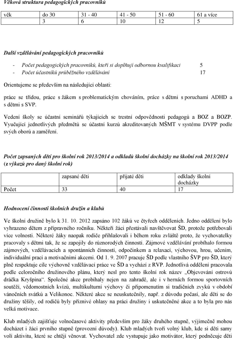 dětmi s SVP. Vedení školy se účastní seminářů týkajících se trestní odpovědnosti pedagogů a BOZ a BOZP.