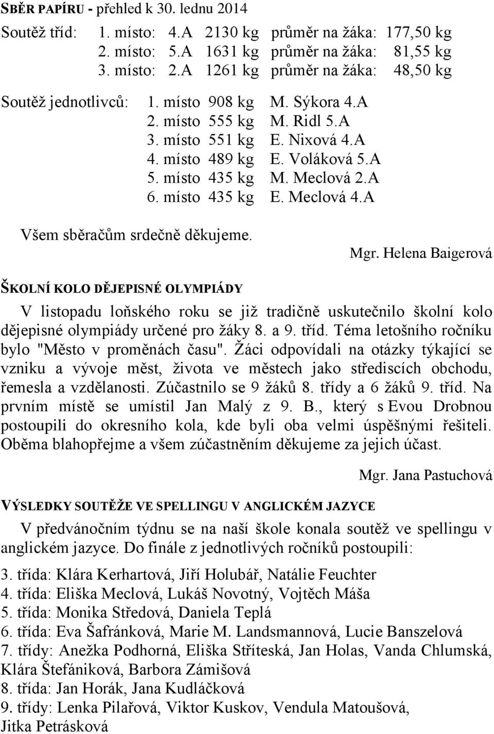 Meclová 2.A 6. místo 435 kg E. Meclová 4.A Všem sběračům srdečně děkujeme. Mgr.