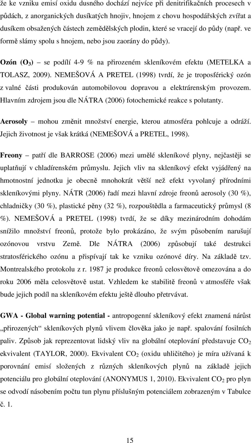 NEMEŠOVÁ A PRETEL (1998) tvrdí, že je troposférický ozón z valné části produkován automobilovou dopravou a elektrárenským provozem.