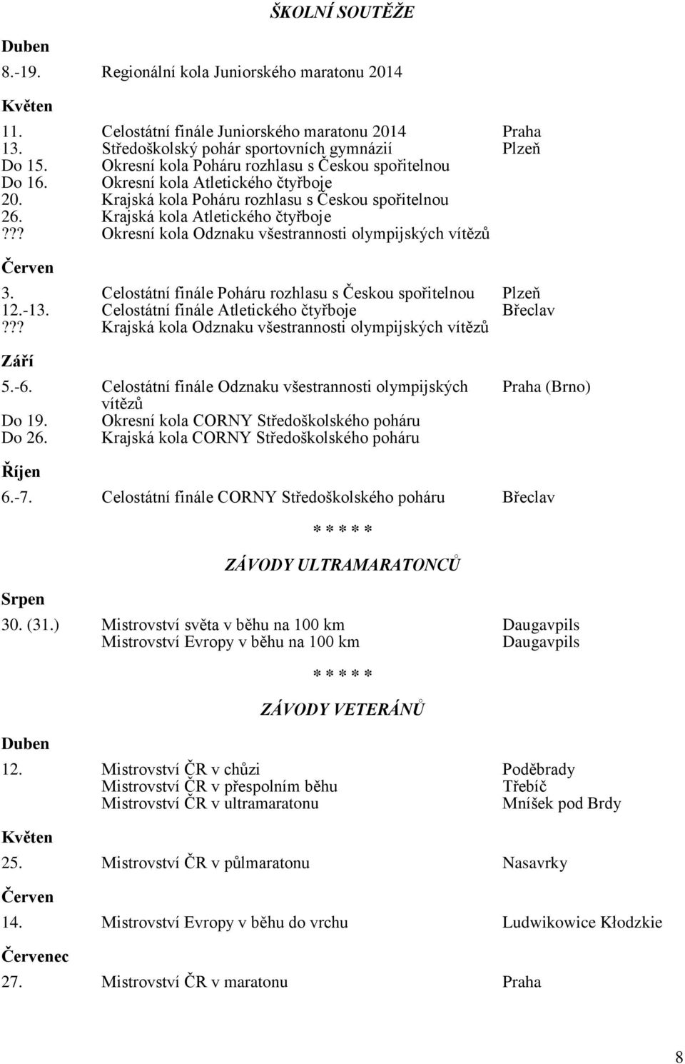 ?? Okresní kola Odznaku všestrannosti olympijských vítězů Červen 3. Celostátní finále Poháru rozhlasu s Českou spořitelnou Plzeň 12.-13. Celostátní finále Atletického čtyřboje Břeclav?