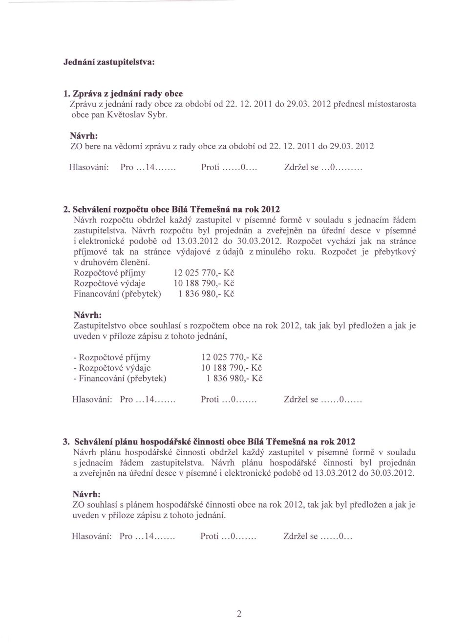 Schválení rozpočtu obce Bílá Třemešná na rok 2012 Návrh rozpočtu obdržel každý zastupitel v písemné formě v souladu s jednacím řádem zastupitelstva.