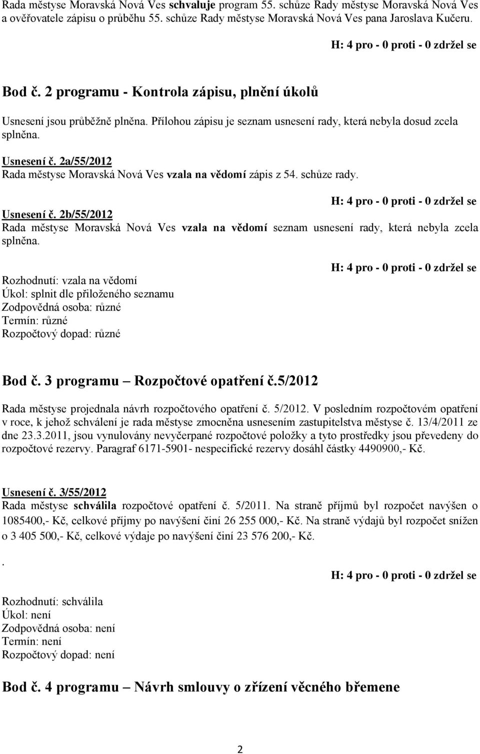 2a/55/2012 Rada městyse Moravská Nová Ves vzala na vědomí zápis z 54. schůze rady. Usnesení č.