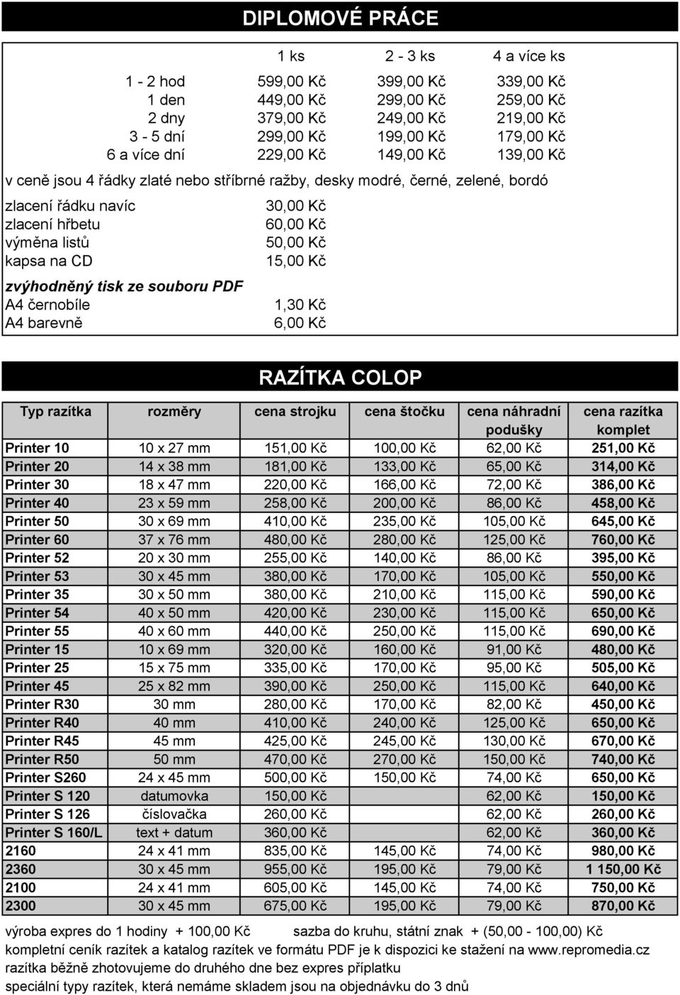 černobíle A4 barevně DIPLOMOVÉ PRÁCE 30,00 Kč 60,00 Kč 50,00 Kč 15,00 Kč 1,30 Kč 6,00 Kč RAZÍTKA COLOP Typ razítka rozměry cena strojku cena štočku cena náhradní cena razítka podušky komplet Printer