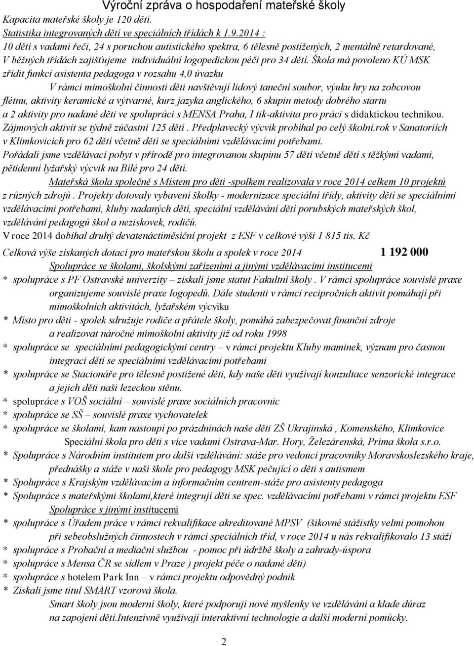 Škola má povoleno KÚ MSK zřídit funkci asistenta pedagoga v rozsahu 4,0 úvazku V rámci mimoškolní i děti navštěvují lidový taneční soubor, výuku hry na zobcovou flétnu, aktivity keramické a výtvarné,